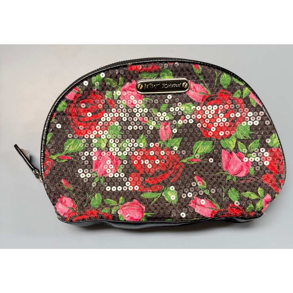 Betsey Johnson Roses Sequin Toiletry Makeup Bag 10"X7"
